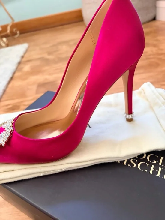 Badgley Mischka Fuchsia Pointed-Toe Pumps with Crystal Buckle - Picture 6 of 11